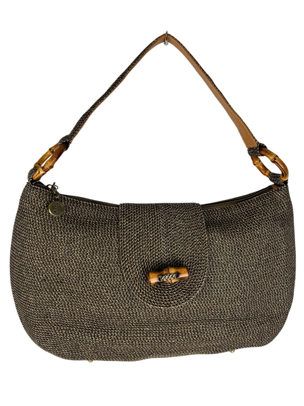 Eric Javits Bamboo Accented Raffia Shoulder Bag Hobo Purse Woven Black Tan